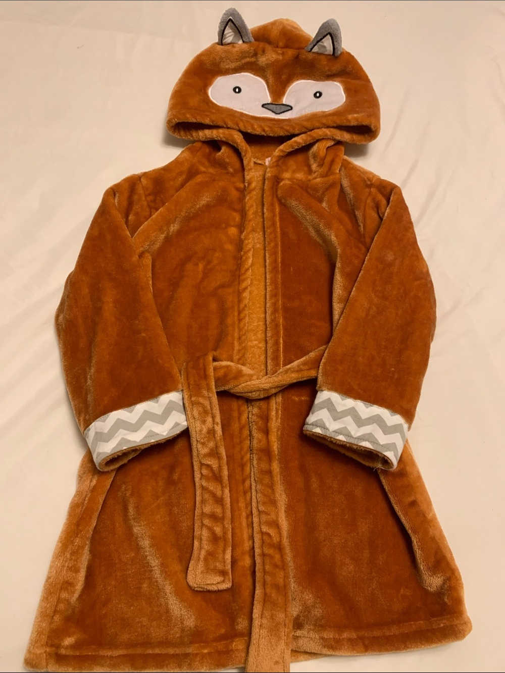 Kids Fox Hooded Plush Robe - Rust Orange with Chevron Cuffs 4/5